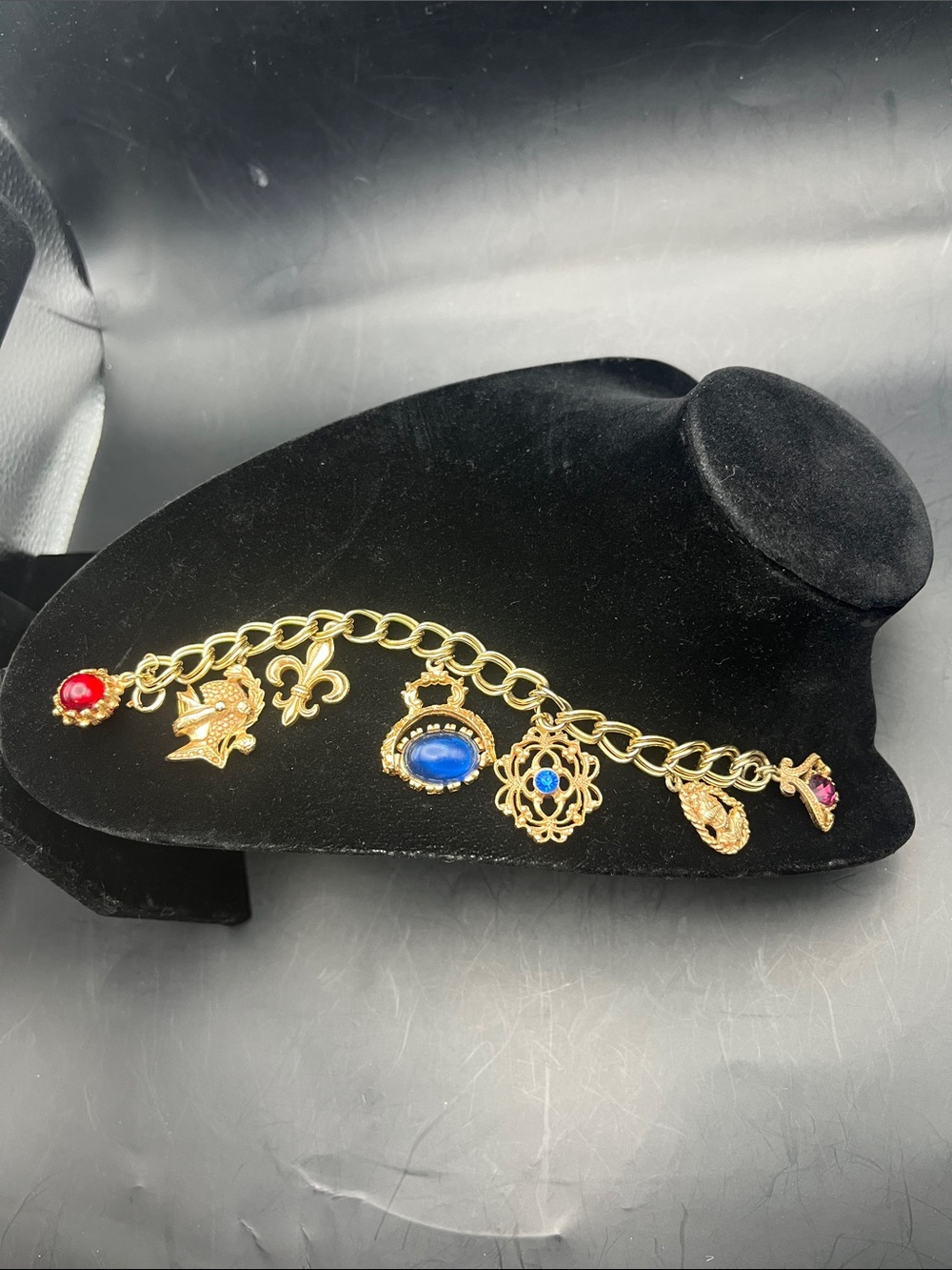 80s Vintage Victorian Revival Gold Tone Charm Fob Bracelet Unsigned Designer